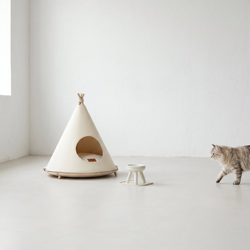 Easy Oreo elevated pet feeder table in Cream with ceramic bowl