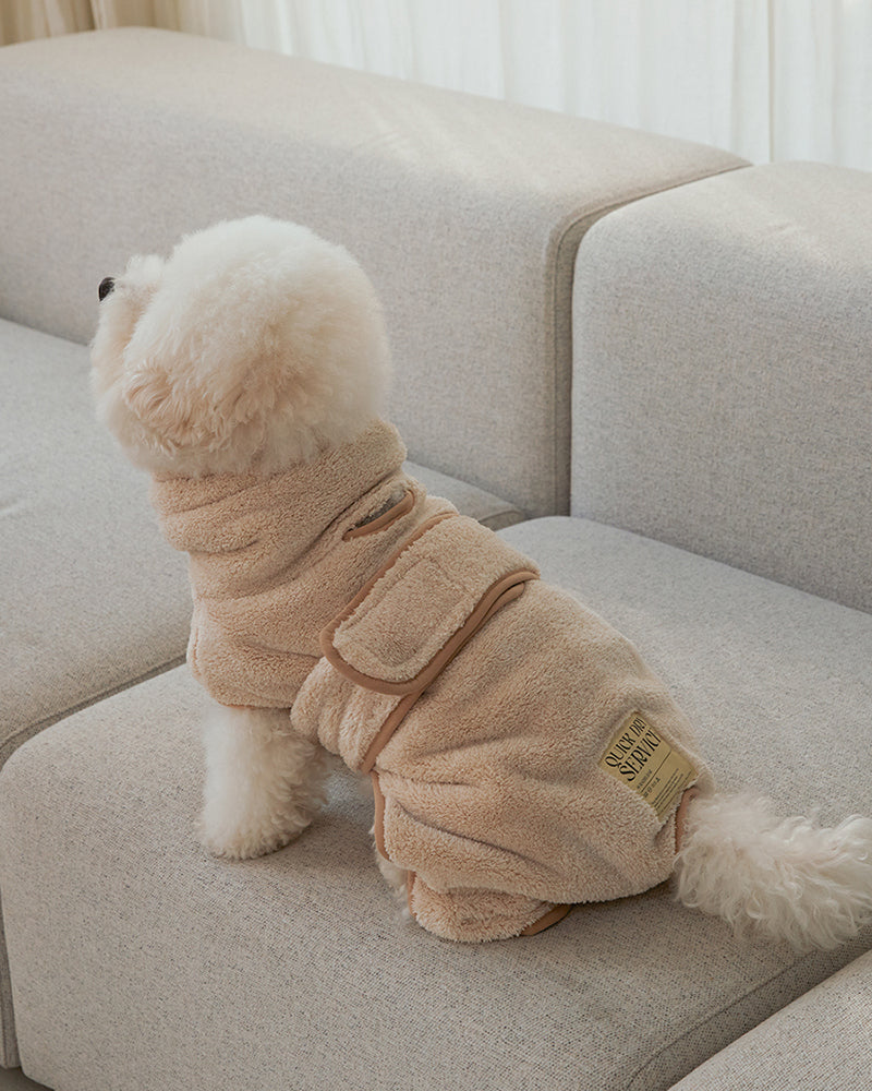 Pet wearing the Quick Dry Service Bathrobe after bath time