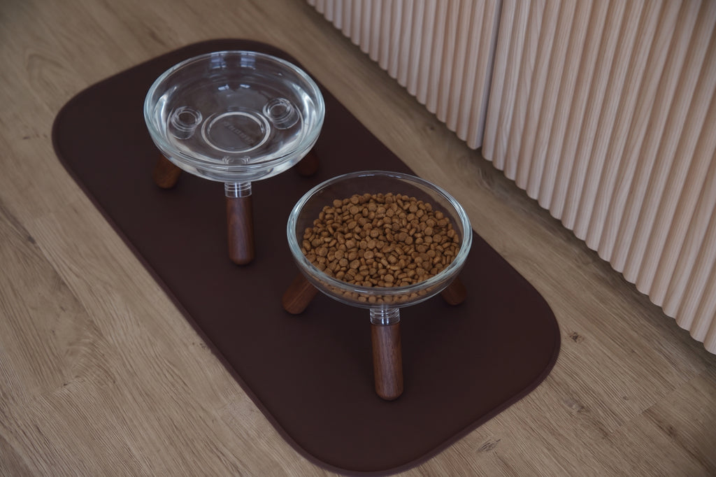 Glass Double Dining Set . Walnut — 2 Feeders + Mat