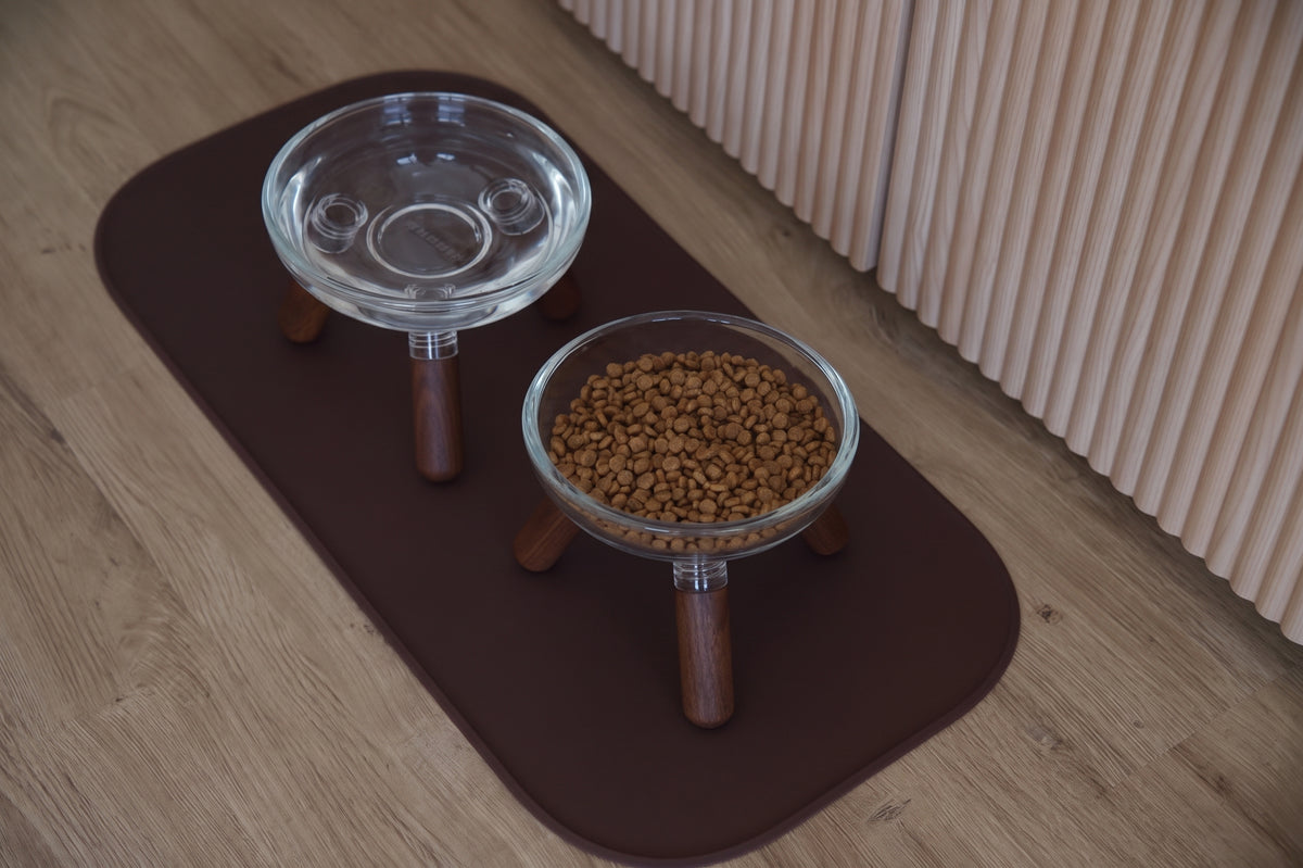 Glass Double Dining Set . Walnut — 2 Feeders + Mat