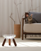 Pets So Good Oreo Glass Elevated Pet Table Walnut with cat
