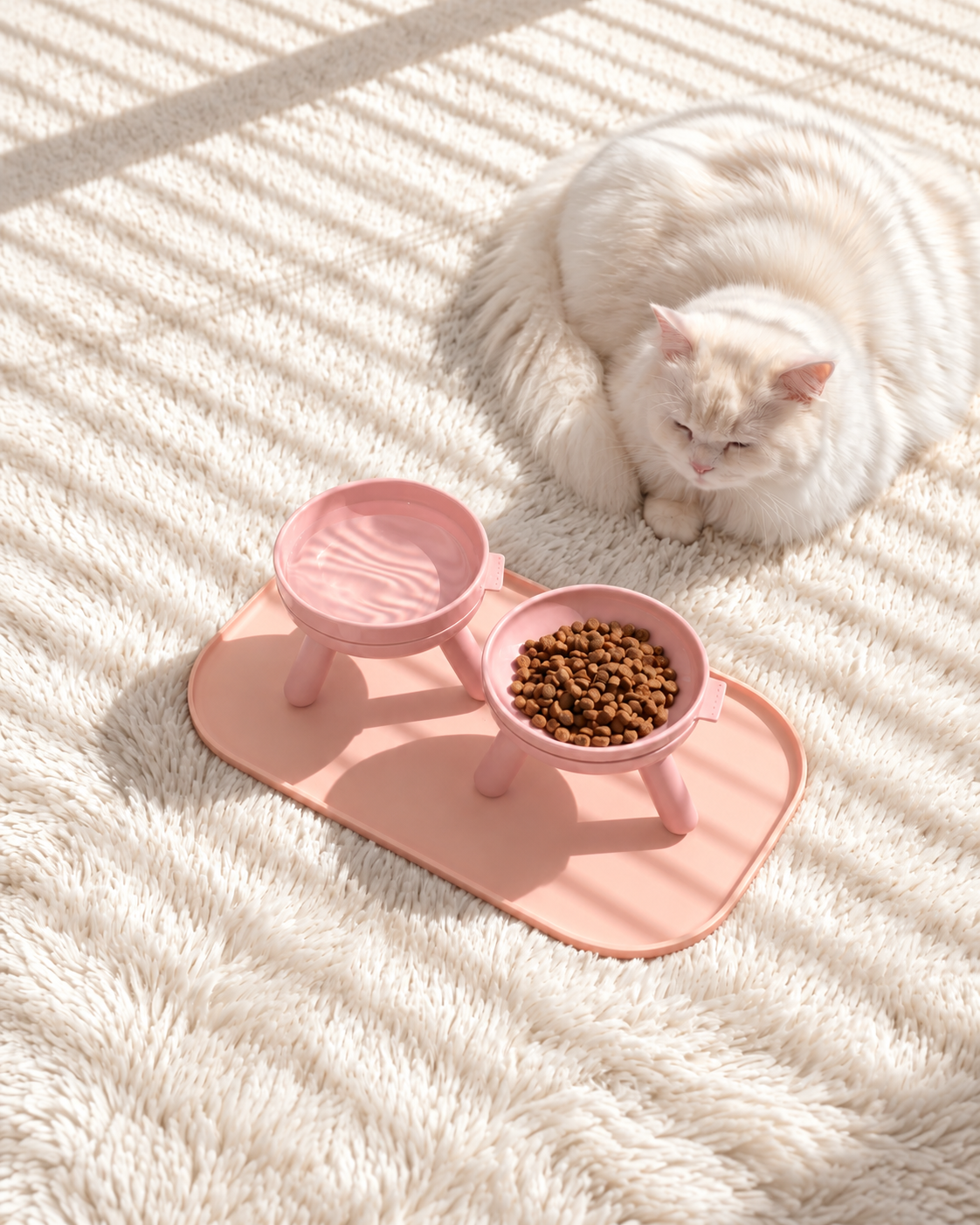 Cat with Pets So Good Easy Oreo elevated pet feeder table set in Baby Pink 