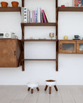 Modern walnut elevated pet table placed in a contemporary living room interior